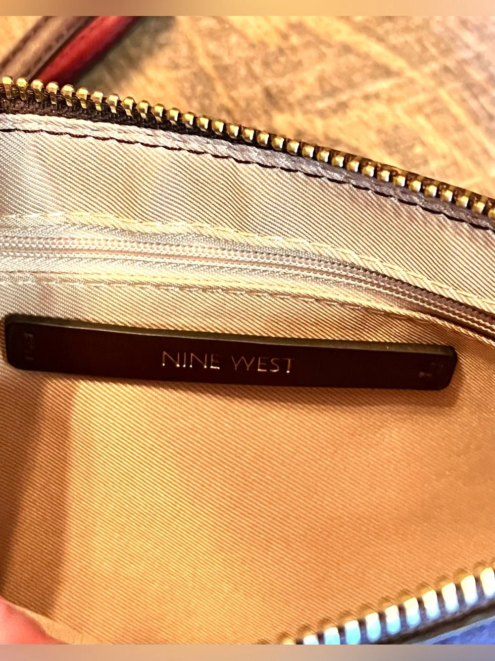 Nine West Brown Monogram Wristlet Zip Clutch Wallet Purse Gold Tone